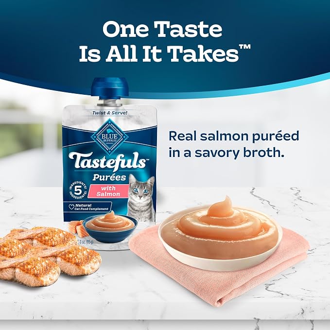 Blue Buffalo Tastefuls Purees Salmon Cat Food Topper, 3 oz, 12 ct | Resealable Twist Cap, Serve Over Food or as a Snack, Cat Food Complement