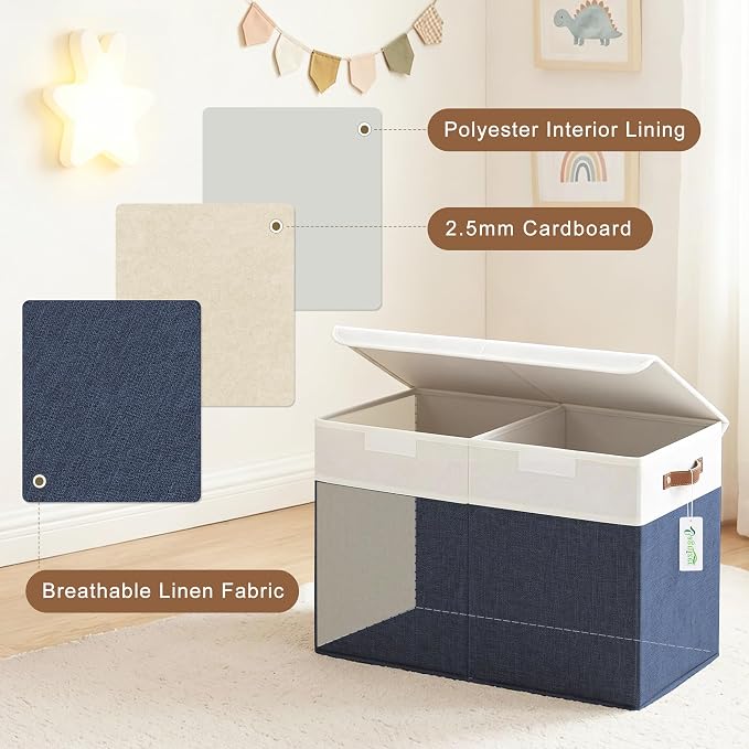 Large Toy Storage Box with Lids, Collapsible Sturdy Baby Storage Organizer Chest Bin Basket for Kids, Boys, Girls, Playroom, Nursery, Bedroom, Closet 25"x13"x16" (Navy Blue and White)