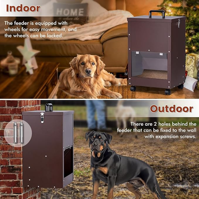 Automatic Dog Feeder Large Breed 45lb Outdoor Dog Food Dispenser for Large Dogs Self Feeding Galvanized Metal Dogs Pets Feeder Gravity Food Feed with Wheels (Brown)