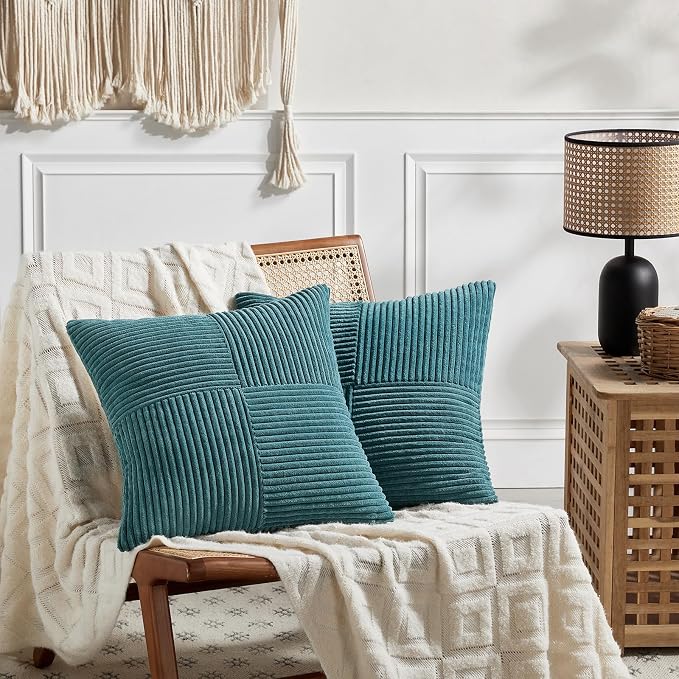 Fancy Homi 2 Packs Teal Big Decorative Throw Pillow Covers 24x24 Inch for Living Room Couch Bed, Rustic Farmhouse Boho Home Decor, Soft Corss Corduroy Patchwork Accent Square Cushion Case 60x60 cm