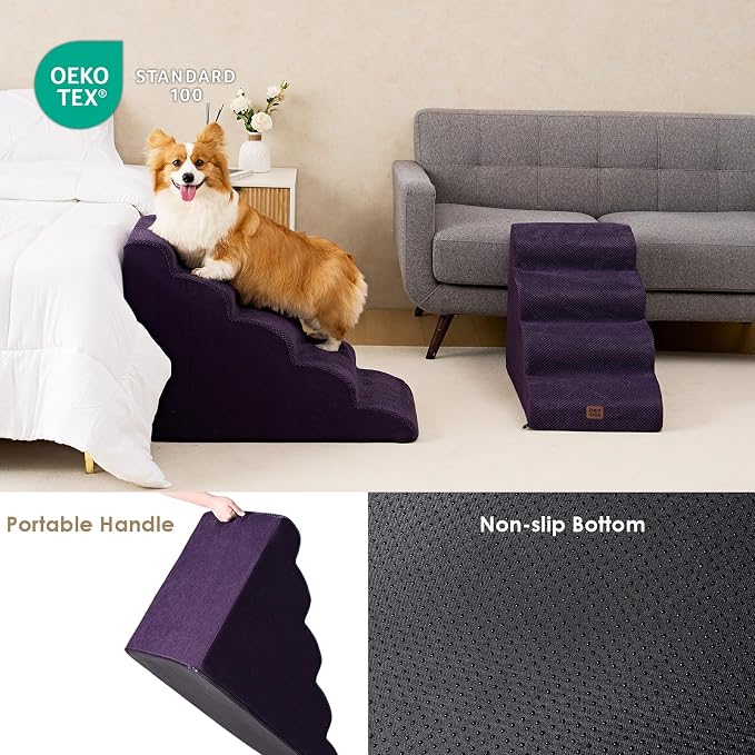 EHEYCIGA Curved Dog Stairs Ramp, 5-Step High Beds, 22.6" H Pet Step | 33D density of pure foam, for Small Dogs and Cats, Pet Stairs for High Bed Climbing, Non-Slip Balanced Indoor, Purple