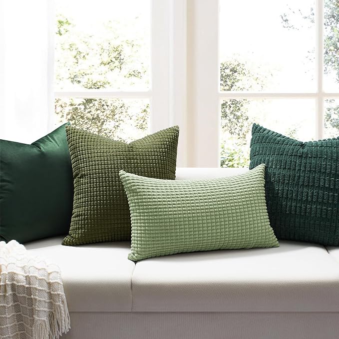 Softalker Corduroy Decorative Throw Pillow Covers 12x20, 2 Pack, Sage Green | Soft Boho Striped Pillow Cases, Couch Fluffy Cushion Covers for Farmhouse Home Decor Bed Living Room