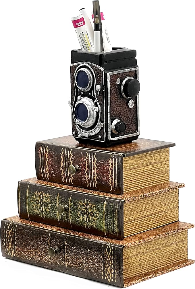 Bellaa 21093 Decorative Book Box with Drawers Hidden Storage Trinket Vintage Antique Flux Leather Wooden Boxes Organizer Retro Farmhouse Boho Home Decor 8 by 6 Inches