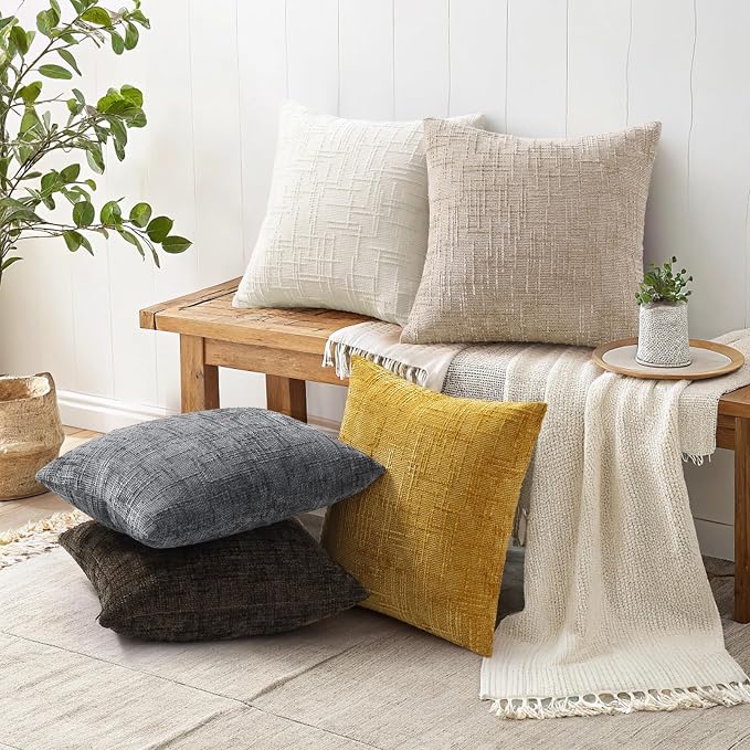 decorUhome Textured Chenille Throw Pillow Covers 26x26 Set of 2 Yellow | Fall Modern Farmhouse Soft Cozy Slubby Couch Pillow Cases Boho Decorative Pillow Cases for Bed Sofa Living Room Home Decor