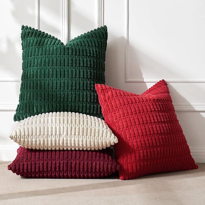 MIULEE Pack of 4 Christmas Throw Pillow Covers 20x20 Red and Green | Neutral Rustic Farmhouse Boho Soft Striped Pillow Covers,Home Decor for Sofa,Living Room,Couch,Bed