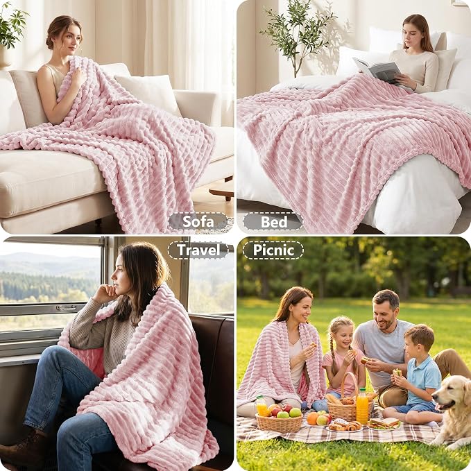 Pink Blankets Queen Size for Bed, 90 x 90 Inch | 300GSM Ribbed Fleece Blanket, Soft, Cozy & Lightweight, OEKO-TEX Certified, All-Season for Bedrooms, Guest Rooms & Gifting