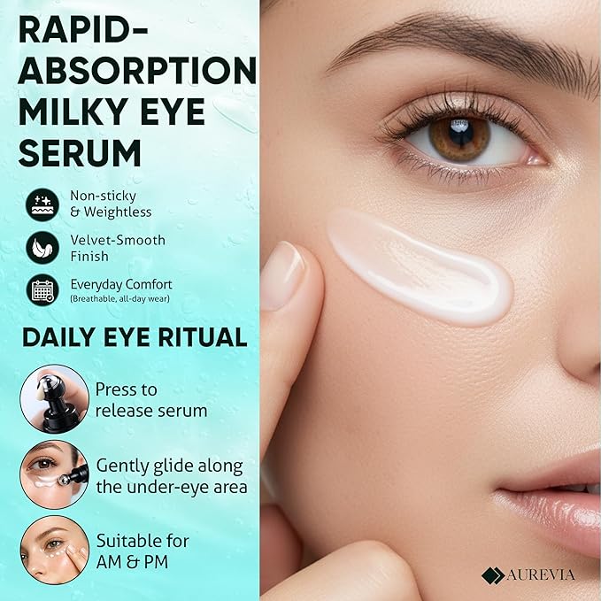 Bakuchiol, Caffeine Under Eye Milky Serum for Dark Circles, Puffiness & Fine Lines with Peptides & Ectoin - Brightening & Hydrating Lightweight Plant-Based Vegan Eye Cream 15ml