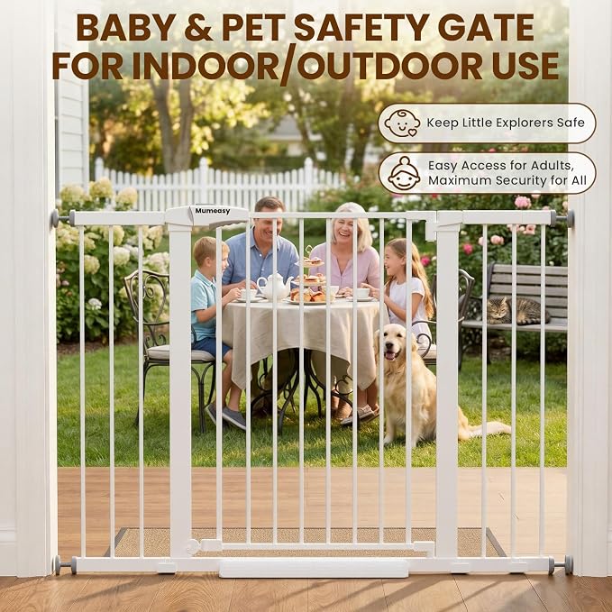 Mumeasy 29.7-48" Baby Gate for Stairs, Pressure Mounted Dog Gate for Doorways, Extra Wide Walk Thru Safety Pet Gate for Doors with Auto Close, Easy Install Child Gate for Hallway Indoor House, White