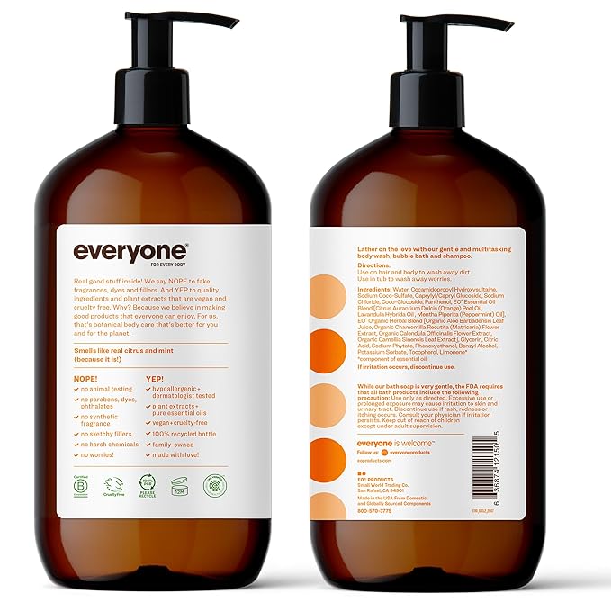 Everyone 3-in-1 Soap, Body Wash, Bubble Bath, Shampoo, 32 Ounce (Pack of 2), Citrus and Mint, made with Essential Oils for Men and Women