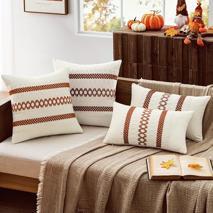 MIULEE Set of 2 Fall Burnt Orange Decorative Lumbar Pillow Covers 12x20 | Farmhouse Boho Couch Throw Pillows, Modern Cushion Covers, Macrame Woven Home Decor for Bed Sofa Chair