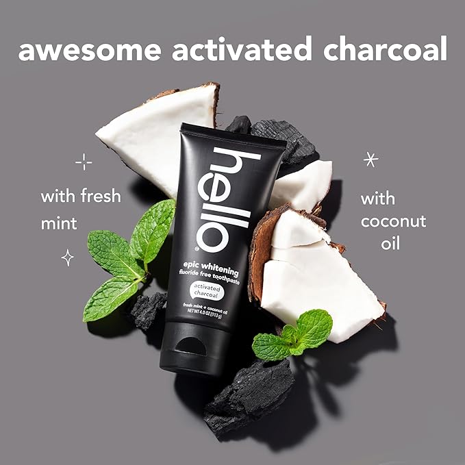 Hello Activated Charcoal Epic Teeth Whitening Fluoride Free Toothpaste and Toothbrush, Fresh Mint and Coconut Oil, Vegan, SLS Free, Gluten Free and Peroxide Free, 4 Ounce (Pack of 2)