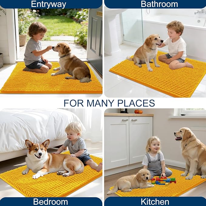 OLANLY Dog Door Mat for Muddy Paws 44x24, Extra Absorbent Chenille Mud Mat | Golden Yellow, Absorbs Moisture and Dirt, Non-Slip Machine Washable Doormat, Quick-Drying Indoor Entryway Floor Mat for Dogs