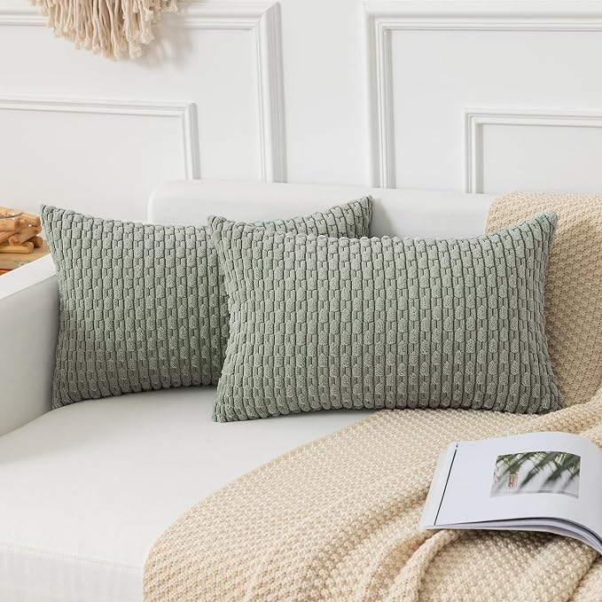 Kevin Textile Soft Corduroy 14"x24" Lumbar Pillow Cover 1 Pack, Grey Green | Boho Stripe Plush Corduroy Decorative Oblong Cushion Cover Modern Farmhouse Home Decor for Sofa Couch Bed Chair