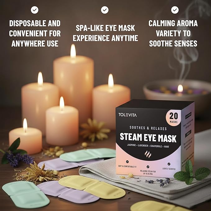 TOLEVITA Steam Eye Mask, 20 Pack Self-Heating Disposable Warm Eye Masks for Relaxation & Comfort, Lavender, Mint, Jasmine & Chamomile Aromas, Spa Sleep Mask, Travel Essentials