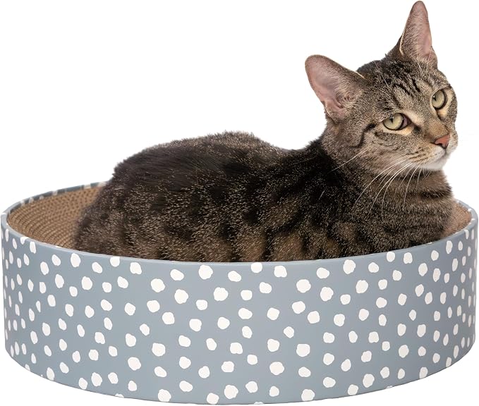 Kitty City Blue Dot Corrugate Scratcher Bed - Round Lounger Scratch Pad with Corrugated Cardboard, Horizontal Nail File Surface, Indoor Kitty Furniture, Cat Enrichment, Sleep, & Play, 15.5” x 15.5”