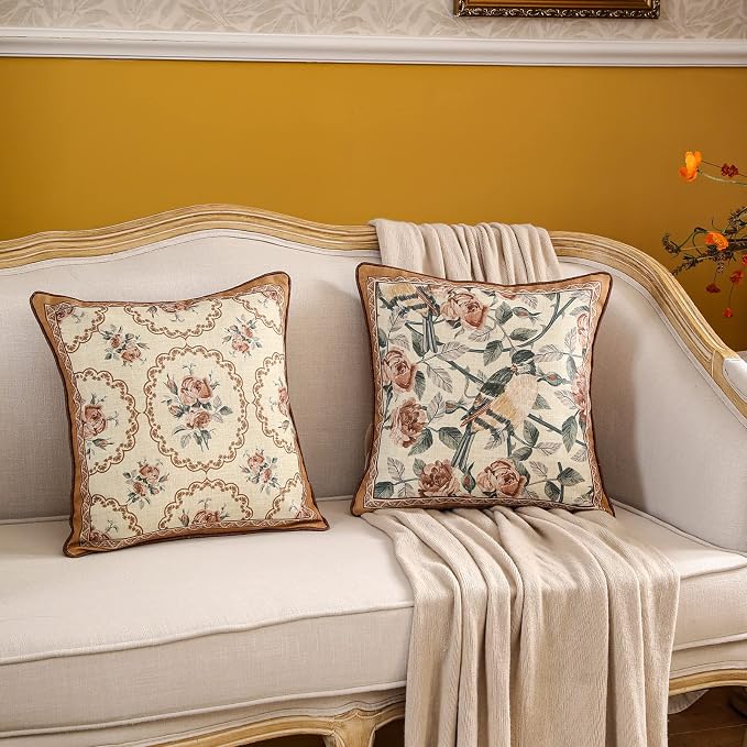 patdrea Vintage Linen Throw Pillow Cover,18"x18",Set of 2-ParkerEstate A | French Decorative Pillow Case with Zipper,Bird and Floral Pattern,Cushion Coverfor Couch Living Room Bedroom