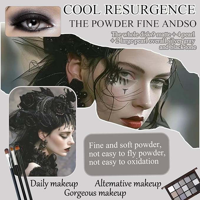 Black Grey Smoky Eyeshadow Palette,15 Colors Matte Shimmer Pigmented Eye Shadow Makeup Palette Set with 3 Eyeshadow Brushes,Glitter Eye Shadow Palette for Daily Halloween Goth Makeup(H)