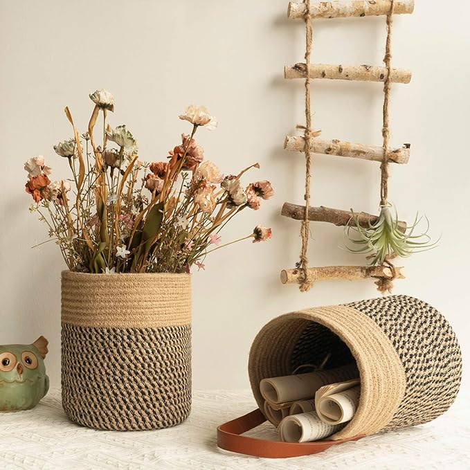 Goodpick 2 Pack Jute Rope Wall Hanging Storage Baskets for Home Decor | Boho Woven Hanging Plant Basket Decor, Decorative Basket for Home, Size 7.87×7×11.7 Inches for Wall Flower & Home Storage