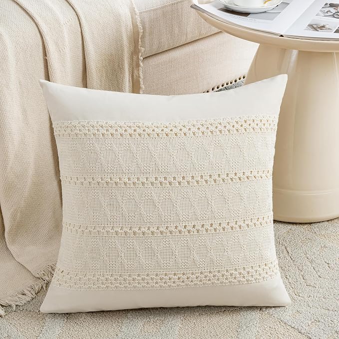 Fancy Homi Set of 2 Boho Cream Decorative Throw Pillow Cover 18x18 Inch for Couch Bed Sofa, Aesthetic Modern Organic Farmhouse Home Decor, Soft Cotton Cute Accent Macrame Woven Cushion Case