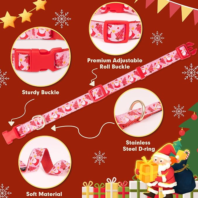 azuza Christmas Dog Collar Santa Print Xmas Dog Collars with Removable Red and Pink Bowtie, Adjustable Dog Collar Accessories for Medium Dogs