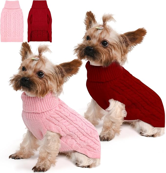 Dog Sweater 2 Pack for Small Dogs, Size XS, Pink & Red | Stretchy cable knit turtleneck, machine washable, high belly cut, comfy winter fit for Chihuahua, Yorkie