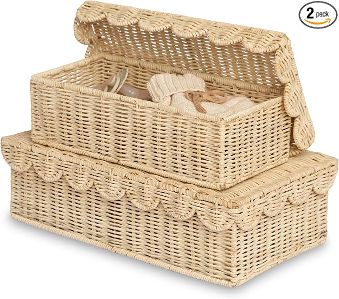 BEBE BASK Stackable Decorative Storage Boxes with Lid, Set of 2-14×8×4 in | Handwoven, Scalloped Wicker Basket for Home Decor, Baby Keepsake Box & Memory Box for Keepsakes for Nursery