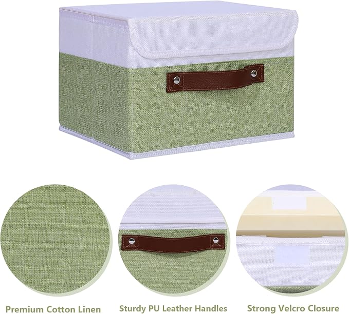 ANMINY Fabric Storage Box Bins with Lids, Green White, 13"x9"x7.9" | Keepsake Memory Storage, Cotton Linen, PP Board Reinforced, Washable, PU Handles, Foldable & Stackable, Decorative, Medium