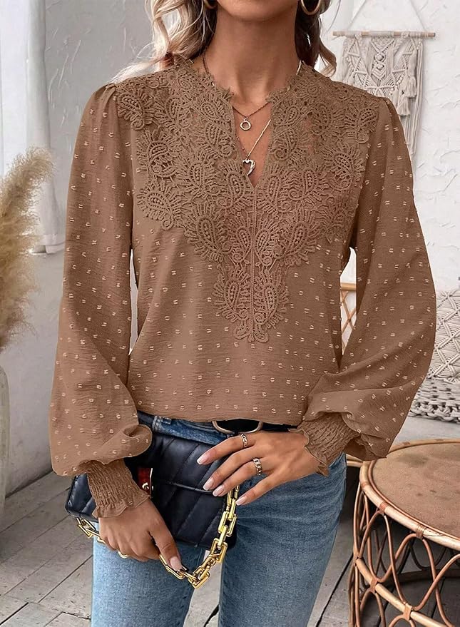 Womens Tops Swiss Dot Boho Long Sleeve Shirts V Neck Casual Chiffon Blouses Flowy Lace Hem Cute Clothing Trendy 2026