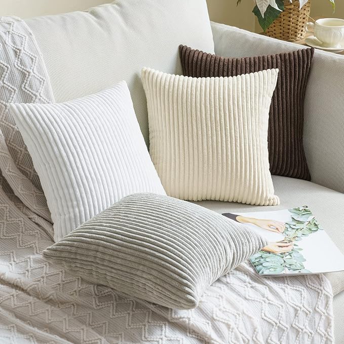 MIULEE Decorative Corduroy Throw Pillow Covers Set of 2 16x16 Pure White | Soft Striped Textured Cushion Cases, Boho Square Pillowcases Neutral Home Decor, for Couch Chair Sofa Bed Living Room