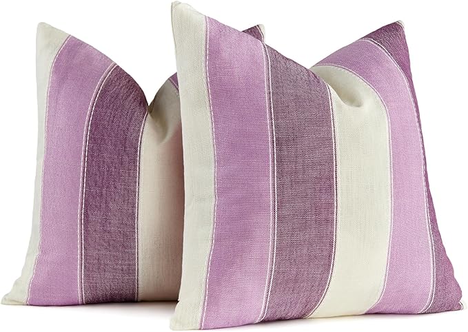 Pack of 2 Farmhouse Stripe Check Throw Pillow Covers Set Case Cotton Linen Decorative Pillowcases Cushion Cover for Couch Bench Sofa 16x16 Inch Purple