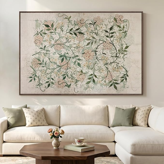 Extra Large Framed William Morris Wall Art for Living Room, Oversized Neutral Sage Green Vintage Canvas Artwork for Walls, Botanical Painting Print for Dining Room Bedroom Hallway Wall Decor, 72x48 In
