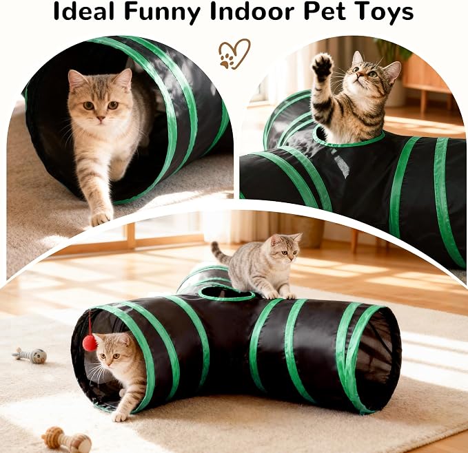 Tempcore Cat Tunnel, 3-Way Collapsible Toy for Indoor Cats, Black & Green