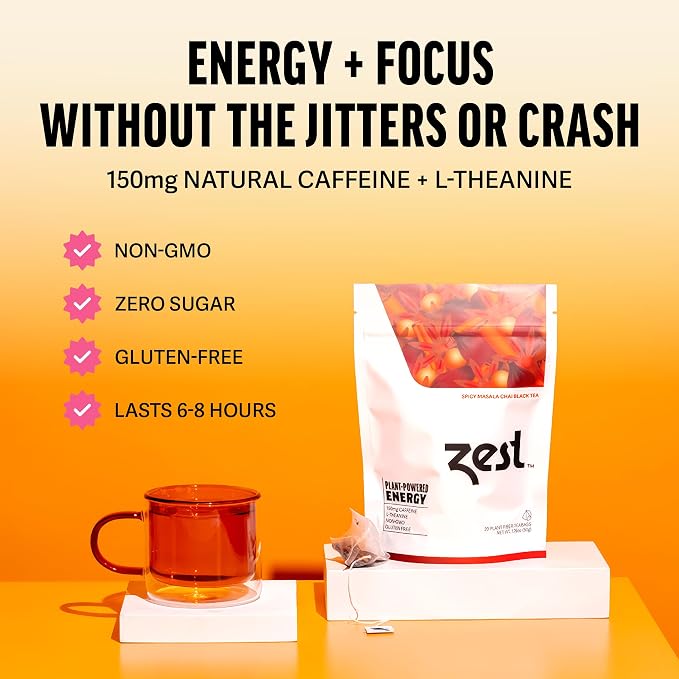 Zest Energy Black Tea - Spicy Masala Chai - High Caffeine Cardamom Ginger Tea with Cinnamon, Cloves & Vanilla Chai - Caffeinated Coffee Alternative - Natural, Non-GMO & Keto - 20Ct Pack - 150mg Caf