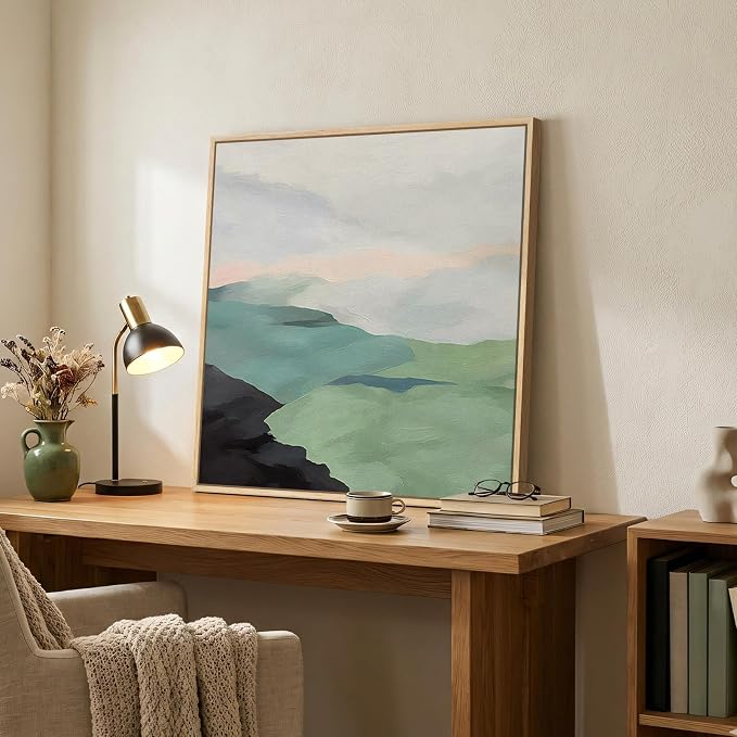 Framed Modern Neutral Green Landscape Abstract Wall Art, Square Minimalist Canvas Prints Paintings for Walls, Sage Green Nature Mountain Scene Pictures for Dining Bedroom Hallway Wall Decor 24x24 In