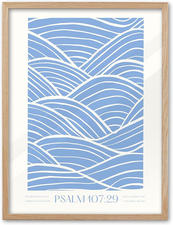 EcoHest 16x20 in Psalm 107:29 Ocean Waves Framed Christian Wall Art | Solid Oak Wood Frame with Canvas Wall Art, Scripture Bible Verse Decor for Bedroom, Living Room, Office, Church, 1Pack