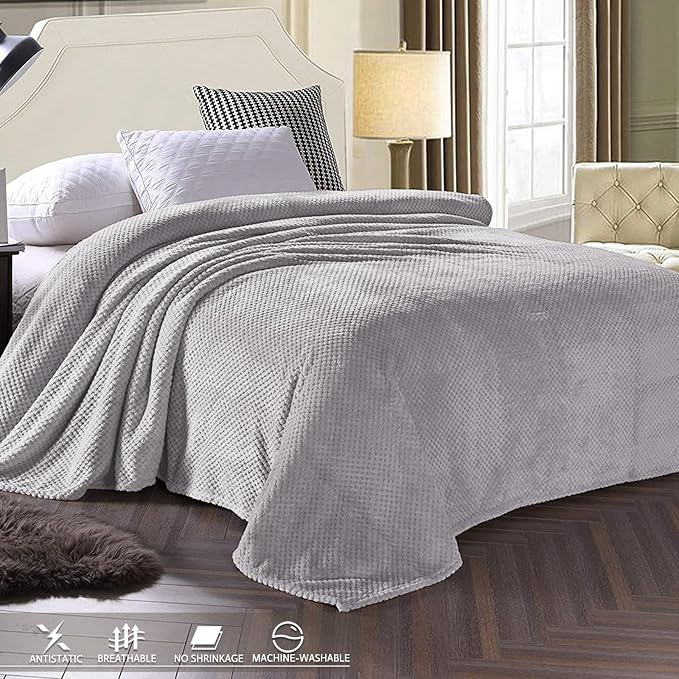 Exclusivo Mezcla Soft Waffle Fleece Bed Blanket Queen Size, Light Gray | Lightweight Plush Blanket for Bed, Bedroom, Cozy Flannel with Waffle Texture, Stylish Home Decor, All Season, 90x90 Inches