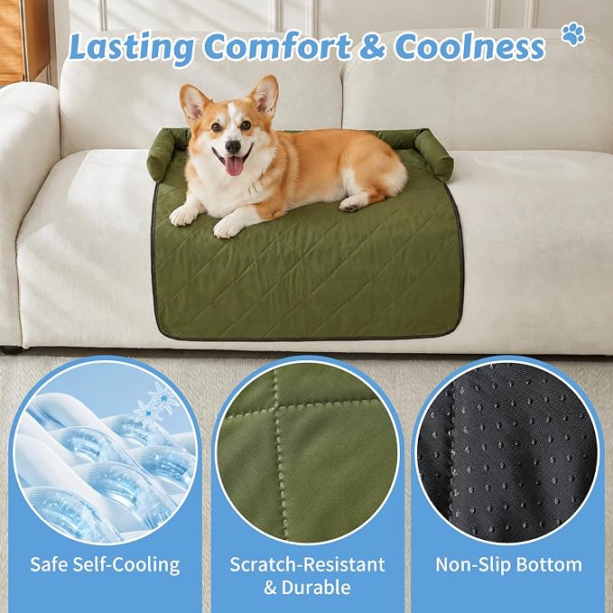 Cooling Dog Bed Mats with Neck & Head Support, 35.43 x31.5 inch Army Green | for Small and Medium Dogs & Cats, Non-Slip, Machine Washable, Protects Sofa from Fur & Scratches