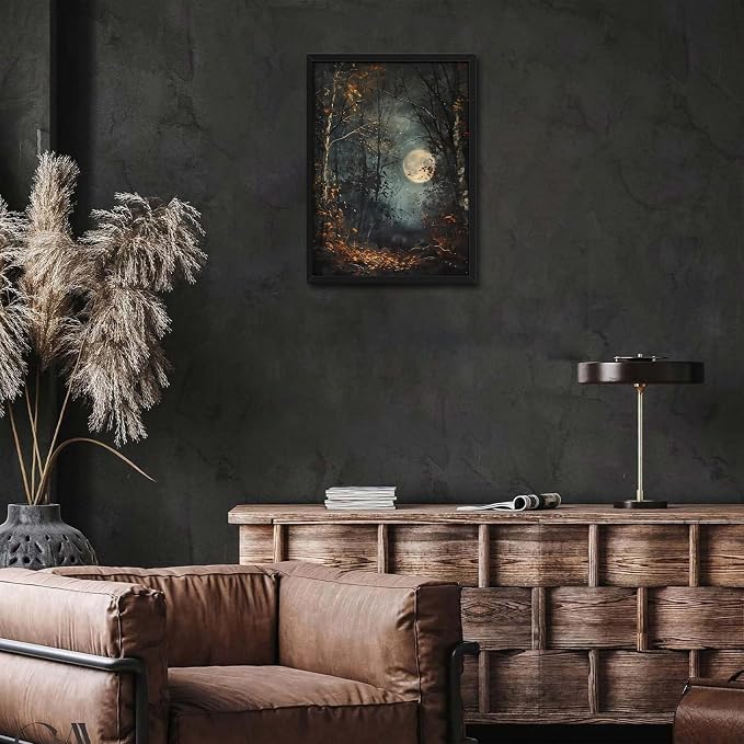 Vintage Framed Wall Art, Forest Gothic Decor, Dark Academia Celestial Moon Canvas Prints, Moody Landscape Painting Wall Decor for Living Room Bedroom – Black Wooden Frame 16x24in