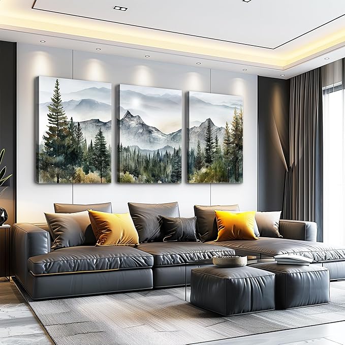 MHARTK66 Large Size Wall Art for Living Room Modern Wall Decor for Bedroom Office Decor Abstract Mountain Forest Landscapes Ink Painting 3 Piece Framed Canvas Art Prints Ready to Hang Wall Pictures