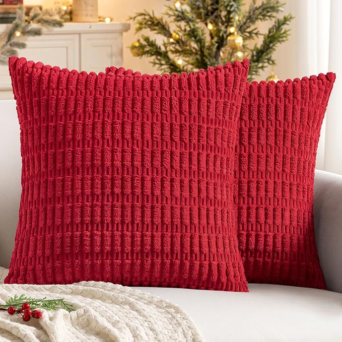 MIULEE Corduroy Decorative Throw Pillow Covers 20x20 Red Pack of 2 | Soft Boho Striped Pillow Covers Modern Farmhouse Home Decor For Sofa Living Room Couch Bed