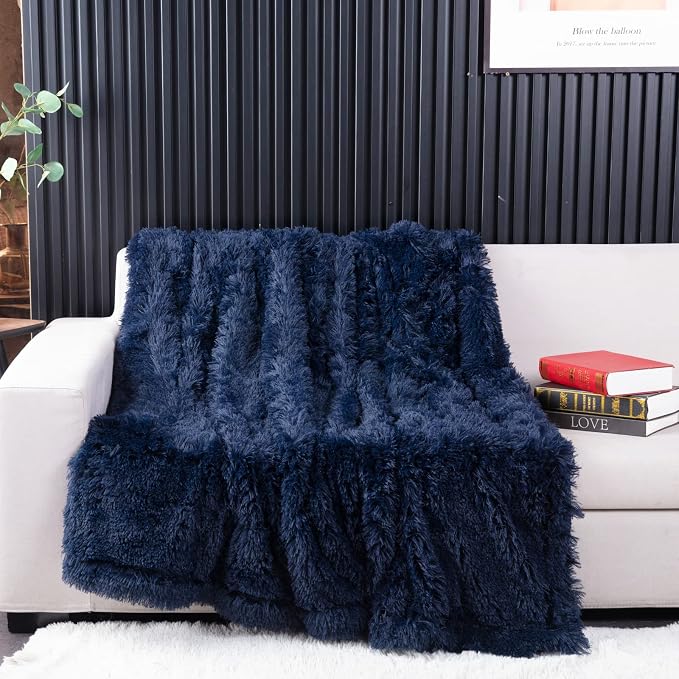 YUSOKI Long Faux Fur Throw Blanket, Navy Blue,50" x 60" | Ultra Soft, Lightweight for All Season Use, stays fluffy after repeated washes, Perfect Gifts, Machine Washable