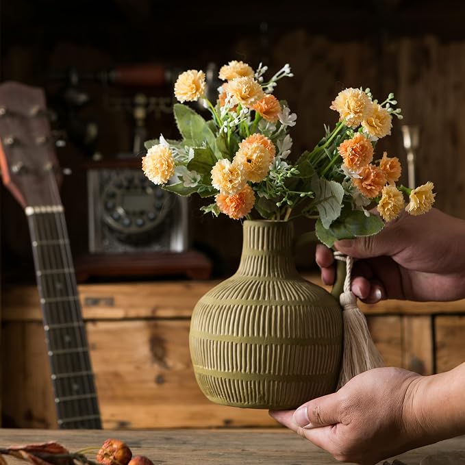 Mowtanco Farmhouse Vase with Handle and Tassel, Grey Yellow Vertical Stripes Design Clay Vase 10'' Tall - Ceramic Flower Vase for Rustic Home Decor, for Fireplace Kitchen Living Room Centerpieces