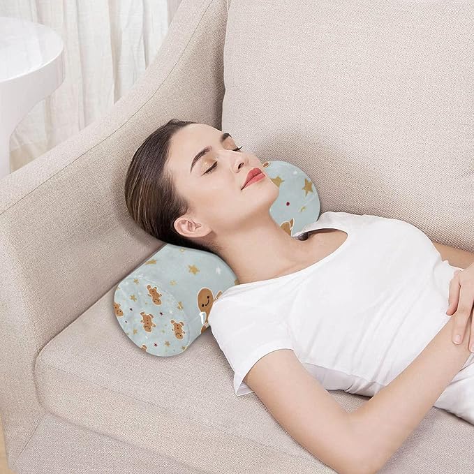 Green Christmas Gingerbread and Stars Neck Roll Pillow Bolster Round Health Memory Foam Long Cervical Cylinder Pillows with Removable Washable Cover for Body Bed Legs Back Yoga