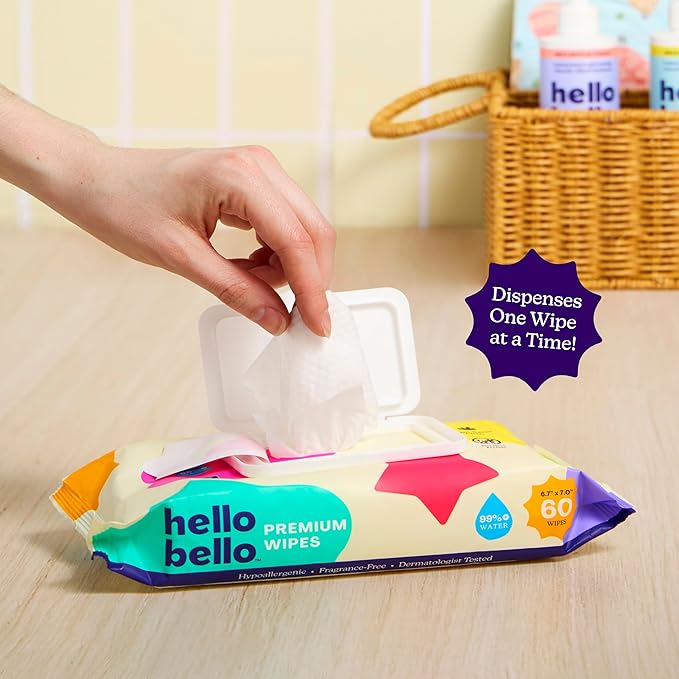 Hello Bello Premium Fragrance-Free Baby Wipes, with Chamomile & Aloe Extracts for Sensitive Skin - 12 Resealable Packs = 720 Total Wipes