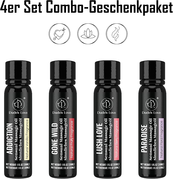 Organic Sensual Safe to Lick Body Massage Oils for Couples - Gift Set Romantic Date Night – Non Greasy No-Stain Fractionated Coconut Oil Quick Absorbing Smooth Glide Trial Pack of 4-120 ML/4 Fl Oz