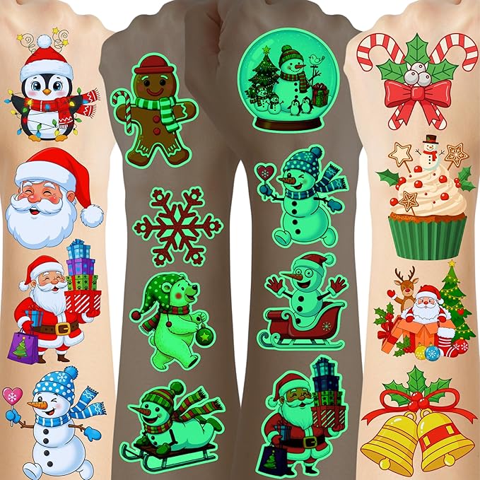 Luminous Christmas Temporary Tattoos - 60Pcs Glow In Dark Christmas Decorations Stickers Xmas Party Decor Party Favors Supplies Accessories Craft Winter Reindeer Penguin Gift Idea For Kids Youth Adult