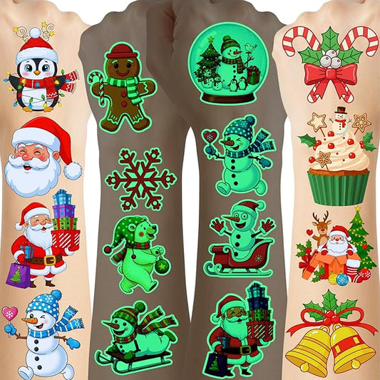 Luminous Christmas Temporary Tattoos - 60Pcs Glow In Dark Christmas Decorations Stickers Xmas Party Decor Party Favors Supplies Accessories Craft Winter Reindeer Penguin Gift Idea For Kids Youth Adult