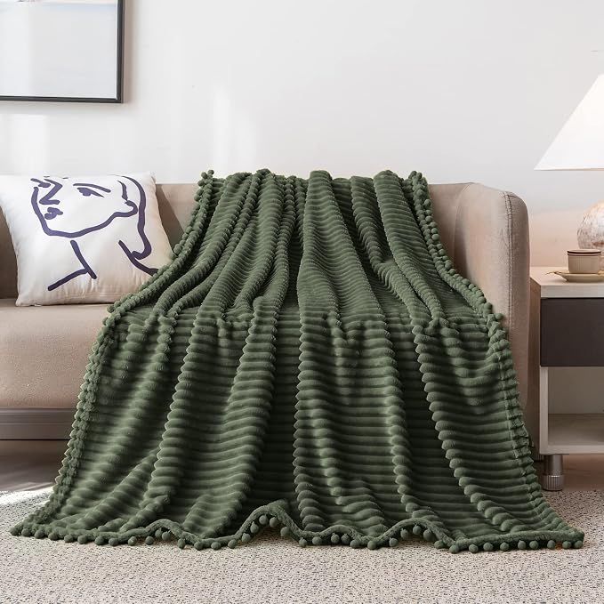 DISSA Fleece Blanket Throw Size – 51x63, Olive Green – Soft, Plush, Fluffy, Fuzzy, Warm, Cozy – Perfect Throw for Couch, Bed, Sofa - with Pompom Fringe - Flannel Blanket Throw Blanket