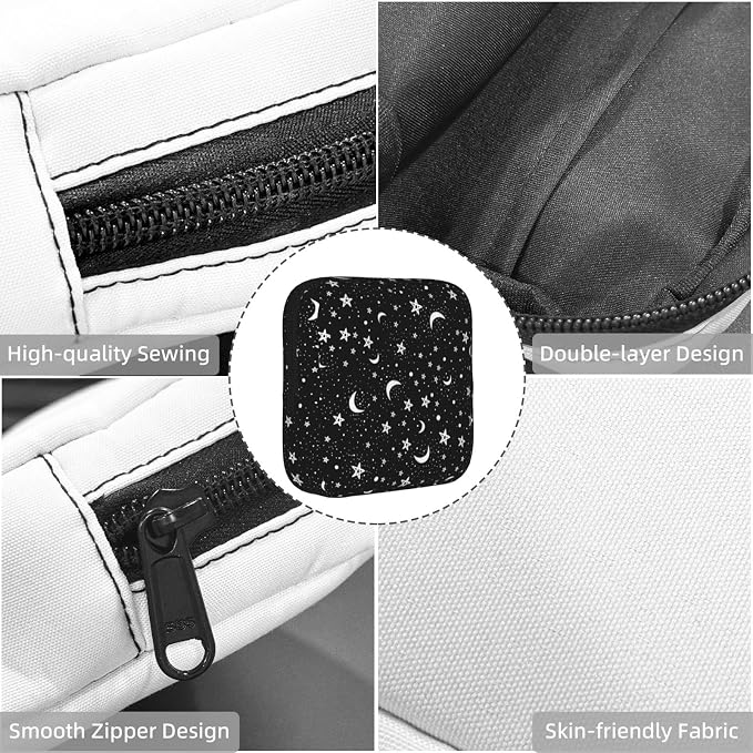 Black And White Moon Star Period Bag For Women,Portable Sanitary Napkin Period Pad Pouch For Purse, Small Make Up Bags