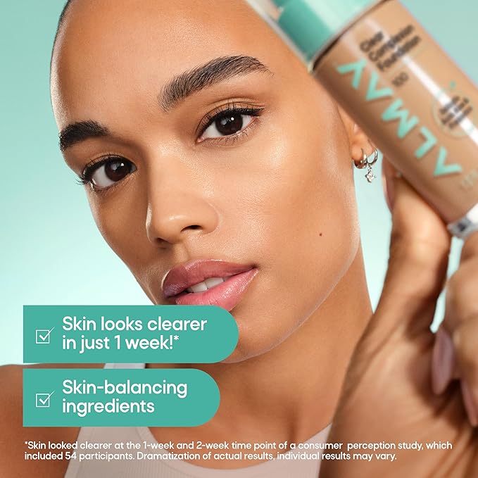 Almay Clear Complexion Foundation, Oil-Free Face Makeup for Acne-Prone Skin, Buildable Coverage, Soft-Matte Finish, Vegan, 300, 1 fl oz